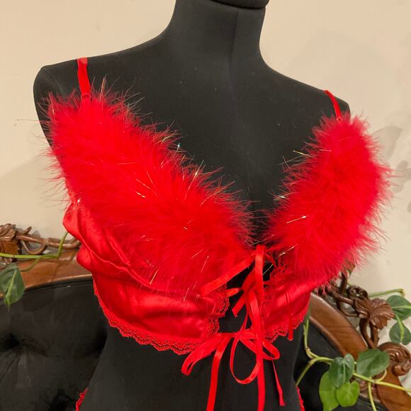 vintage Minor Creations Faux Fur Bra & panty Set mesh lingerie set One Size Red - Picture 2 of 5